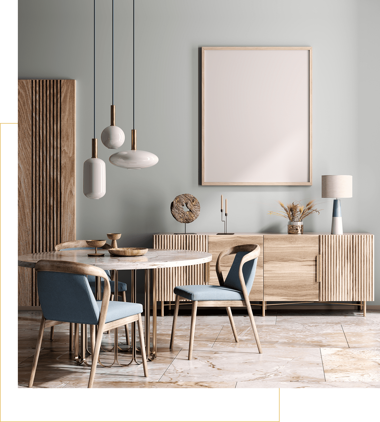 Modern dining room with wooden furniture and decor.